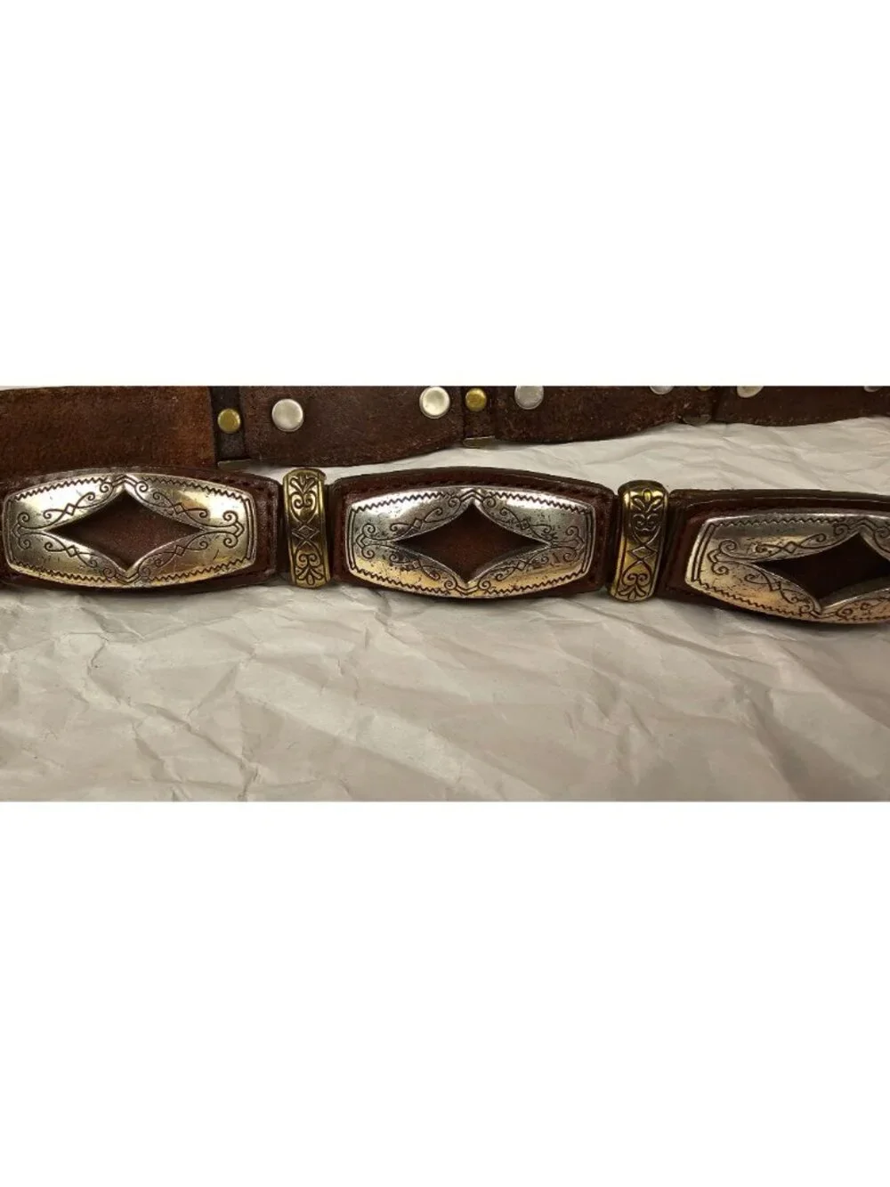 Brighton Leather Belt With Western-Style Silver & Gold-Tone Buckle And Decorativ
